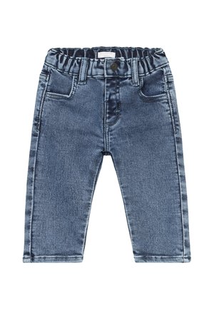 Blauwe babyjeans met elastische taille, knoop aan de voorkant, riemlussen en twee voorzakken.