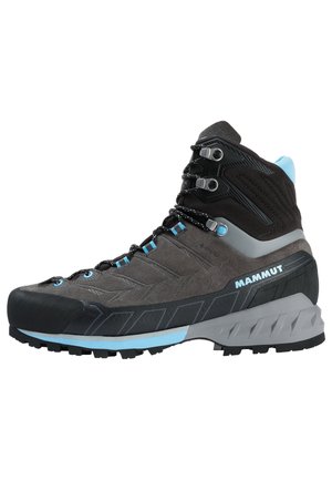 Szary i czarny wysokie buty trekkingowe z niebieskimi akcentami, metalowymi oczkami, teksturowaną podeszwą i napisem "MAMMUT" po boku.