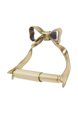 Goldfarbener Metall-Toilettenpapierhalter in Form einer Schleife mit einer horizontalen Spindel für die Rolle vor weißem Hintergrund.