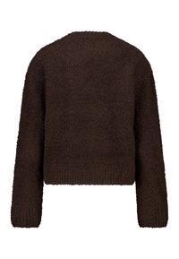 Braunes, kurz geschnittenes Sweatshirt aus strukturiertem Stoff, mit langen Ärmeln und geripptem Kragen sowie Saum, in einer einfarbigen und lässigen Optik.