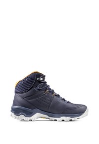 Scarpe da trekking mid-cut in pelle blu scuro con accenti gialli, fascia testurizzata alla caviglia e suola bianca resistente con motivi di trazione.