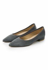 Ballerine grigie in suede con punta affusolata e tacco basso; presentano una fodera morbida e un esterno liscio con un sottile bordo elastico.