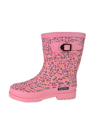 Pink rubber rain boot featuring a floral pattern with green and purple accents, a textured sole, and a buckle detail at the top.