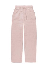 Helle rosa Leinenhosen mit lockerer Passform, elastischem Bund und geraden Beinen; verfügt über eine glatte Textur und keine sichtbaren Beschläge.
