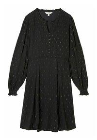 Schwarz Kleid mit langen Ärmeln, durchgehender Knopfleiste, gerafftem Oberteil und fließendem Rock. Mit goldenen Sprenkeln für ein strukturiertes Aussehen.