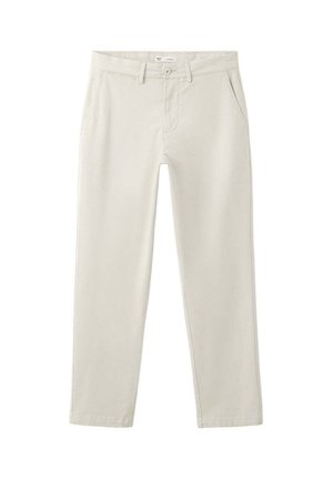 Pantalones beige claro de corte recto con trabillas para el cinturón, cierre de botón y bolsillos laterales, mostrados sobre un fondo blanco.