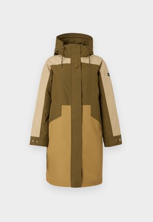 Parka verde e beige con cappuccio, dotata di zip frontale, grandi tasche laterali e blocchi di colore a contrasto su maniche e corpo.