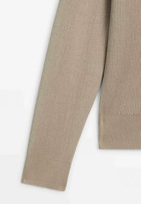 Beiger Strickpullover-Ärmel mit geripptem Bund und Saum auf weißem Hintergrund.