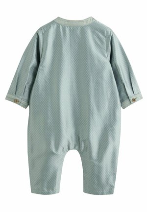 Blue, patterned romper with long sleeves, a round neckline, and buttoned cuffs. Features elastic at the waist for a relaxed fit.