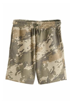 Shorts décontractés à motif camouflage avec taille élastique et cordon de serrage, dotés de poches latérales et d'un mélange de tons beige, marron et vert.