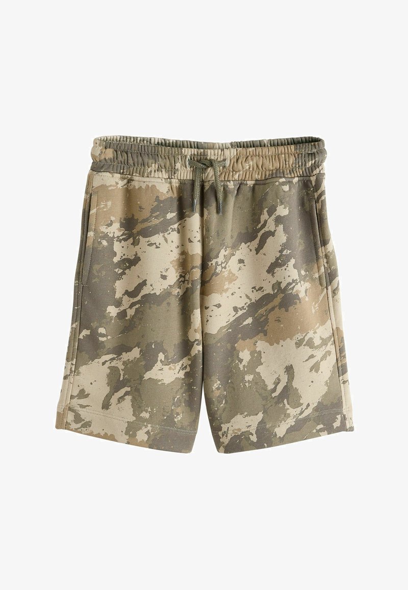 Shorts décontractés à motif camouflage avec taille élastique et cordon de serrage, dotés de poches latérales et d'un mélange de tons beige, marron et vert.