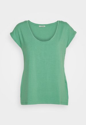T-shirt verde de manga curta feito de tecido macio, com decote redondo e um corte descontraído, com uma bainha reta e detalhes mínimos.