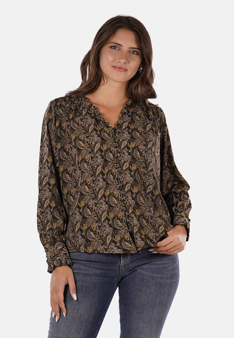 Blusa a maniche lunghe in tessuto nero con motivo paisley in oro, marrone e crema. Presenta una chiusura con bottoni sulla parte frontale e un colletto arricciato.