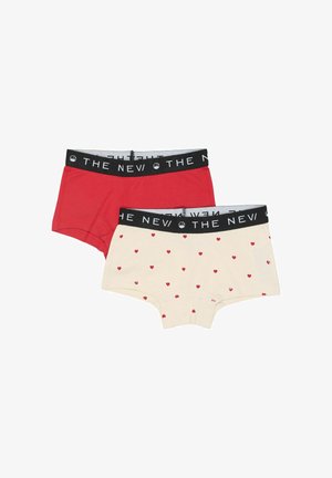 Two pairs of boyshort underwear, one solid red and one cream with small red hearts, both with black waistbands printed with white text.