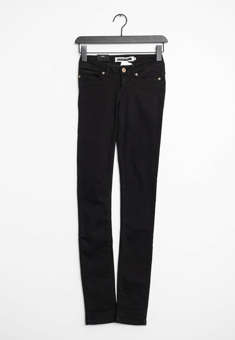 Jeans skinnies negros con una tela suave y elástica. Presentan bolsillos frontales, un cierre de un solo botón y un diseño de pierna ajustada y cónica.