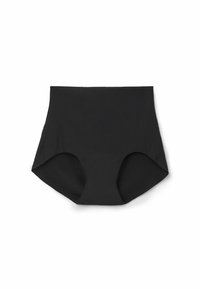 Hoge taille zwarte panties van zacht stof; naadloos ontwerp met brede elastische tailleband en gladde randen voor comfort.