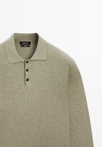 Lichtolijfgroen poloshirt met lange mouwen, drie donkere knopen en een zachte kraag, gemaakt van 100% katoenen gebreide stof.