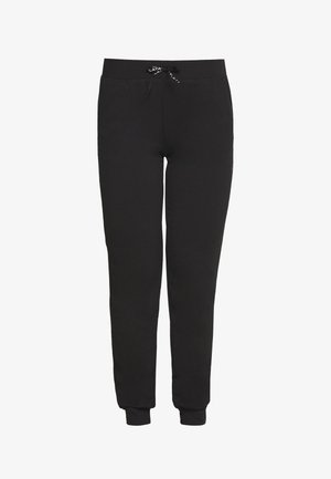 Crne trenirka hlače od pamuka, s uvezivanjem u struku, suženim nogavicama, rebrastim manšetama i minimalnim brendiranjem sa strane.