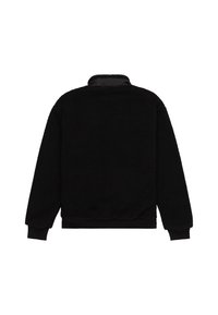 Czarny polarowy sweter z wysokim kołnierzem, ściągaczami na rękawach i na dole. Miękka tekstura, podstawowy design i brak widocznych zapięć lub wzorów.