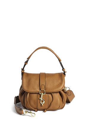 Brown leather handbag with front flap, gold-tone clasp, short handle, and detachable shoulder strap on a white background.