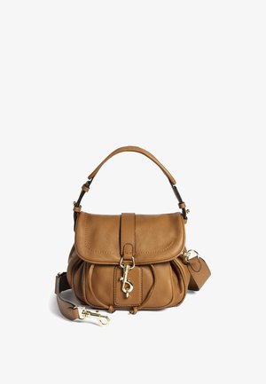 Brown leather handbag with front flap, gold-tone clasp, short handle, and detachable shoulder strap on a white background.
