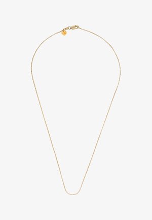 Collier en or avec un design délicat et fin. Équipé d'un fermoir à homard et d'une petite médaille. Texture lisse, style minimaliste.