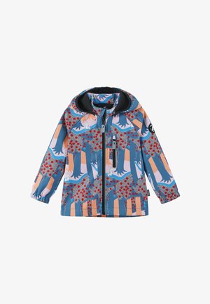 Wodoodporna kurtka dla dzieci, z niebieskim tłem i kolorowymi wzorami liści oraz kwiatów, zapinana na zamek błyskawiczny, z kapturem. Miękka w dotyku, z elastycznymi mankietami.