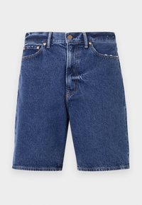 Denim shorts in dark blue with a classic cut, featuring a button closure, five pockets, and contrasting orange stitching.