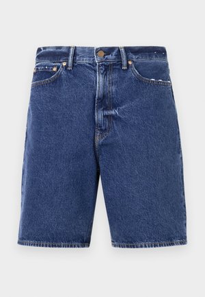 Denim shorts in dark blue with a classic cut, featuring a button closure, five pockets, and contrasting orange stitching.