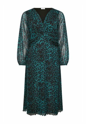 Robe à manches courtes, imprimé léopard noir et bleu canard, avec un décolleté en V et des détails torsadés à la taille, dotée d'une texture fluide et transparente.