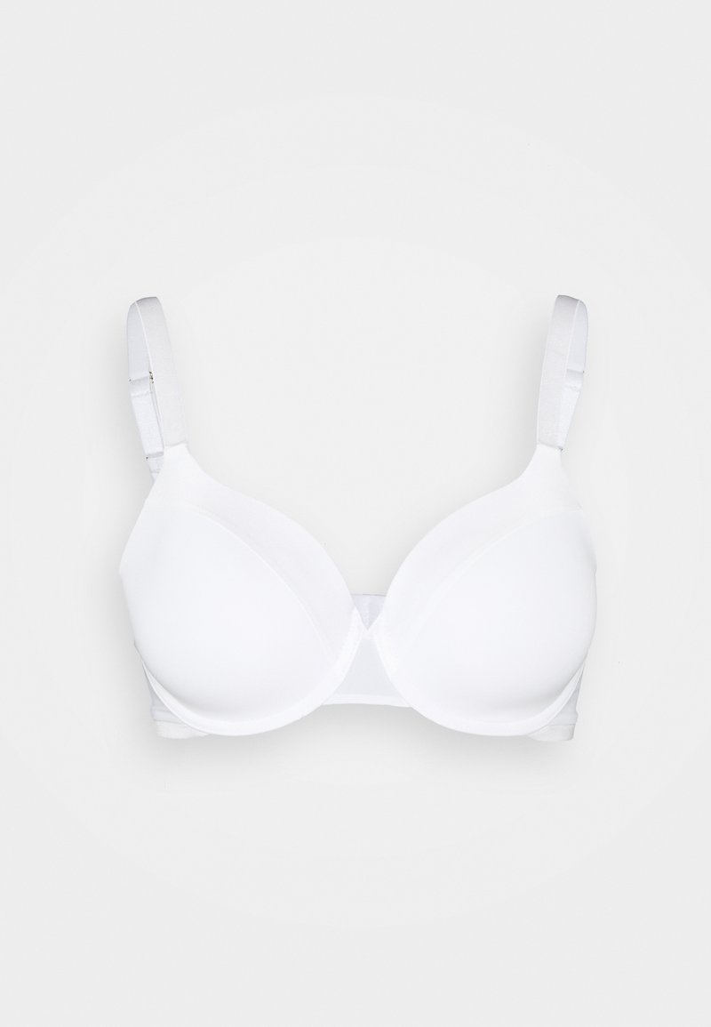 Soutien-gorge blanc avec des bonnets lisses et moulés, des bretelles réglables et un design sans couture. Fabriqué en tissu doux avec un minimum de détails en matériel.