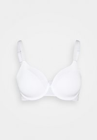 Reggiseno imbottito bianco con coppe lisce e sagomate, spalline regolabili e chiusura con gancio a occhiello. Realizzato in tessuto morbido ed elastico.