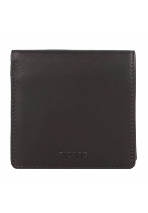 Braune Lederbörse, rechteckige Form, mit sichtbaren Nähten. Mit eingeprägtem Markennamen auf der Vorderseite. Glatte Haptik, minimalistisches Design.