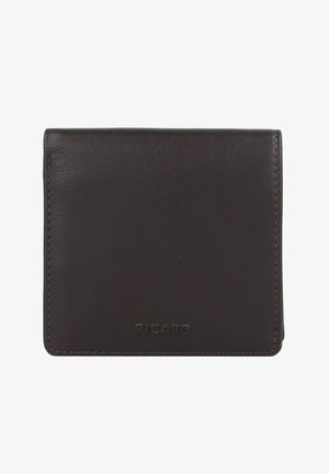 Braune Lederbörse, rechteckige Form, mit sichtbaren Nähten. Mit eingeprägtem Markennamen auf der Vorderseite. Glatte Haptik, minimalistisches Design.