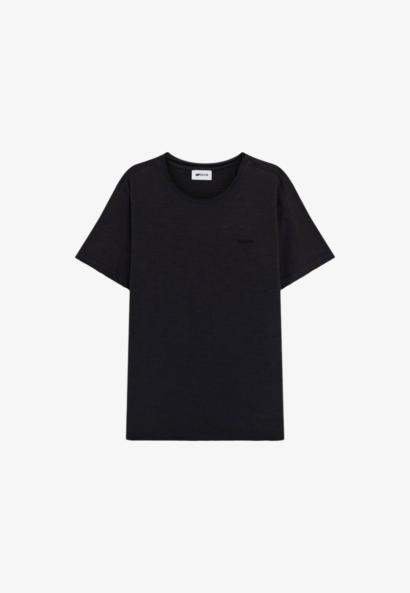 T-shirt nera a maniche corte realizzata in cotone morbido. Presenta un colletto a girocollo e un piccolo dettaglio con logo sul lato sinistro davanti.
