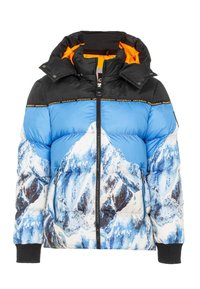 Daunenjacke mit einem blau-weißen Bergmuster, schwarzen Schultern, einem orangefarbenen Futter, Reißverschluss und gerippten Bündchen.