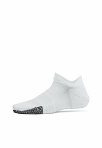 White ankle sock with a textured, breathable knit upper and a black speckled pattern at the toe. Features a snug fit for comfort.