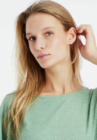 Šviesiai žalia, tekstūruota viršutinė dalis su zigzago raštu. Modelis turi ilgus, tiesius plaukus, minimaliai pasidažiusi ir su neutraliu veido išraiška.