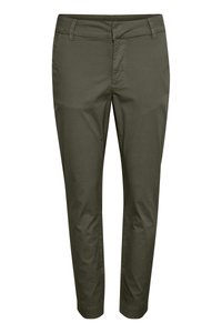 Olivově zelené slim-fit kalhoty vyrobené z bavlněné směsi. Mají rovný pas, poutek na opasek a rovné lemy. Hladká textura bez vzorů.