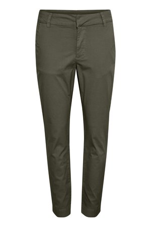 Olive green, slim-fit trousers made of cotton blend. Features a flat waistband, belt loops, and straight hems. Smooth texture without patterns.