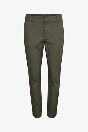 Pantalons vert olive, coupe ajustée, en mélange de coton. Avec une taille plate, des passants de ceinture et des ourlets droits. Texture lisse sans motifs.