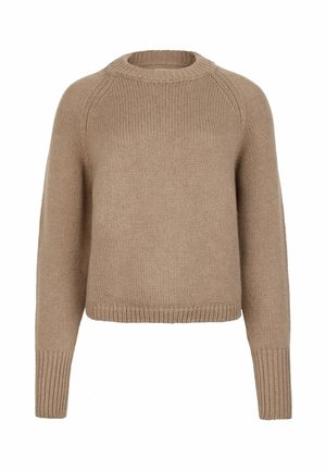 Pull beige tricoté avec manches longues, poignets côtelés et col rond côtelé.