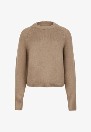 Pull beige tricoté avec manches longues, poignets côtelés et col rond côtelé.