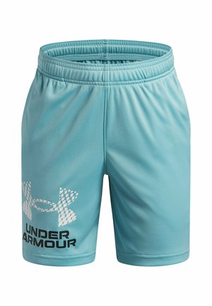 Svetlomodré športové šortky Under Armour s elastickým pásom a logom vytlačeným bielo-čiernou farbou na ľavej nohe.