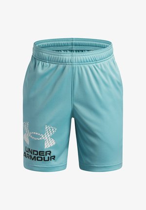 Svetlomodré športové šortky Under Armour s elastickým pásom a logom vytlačeným bielo-čiernou farbou na ľavej nohe.