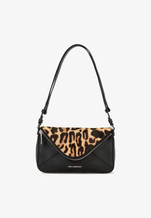 Black leather handbag with leopard print flap, silver zipper detailing, single shoulder strap, and small Karl Lagerfeld logo on front.