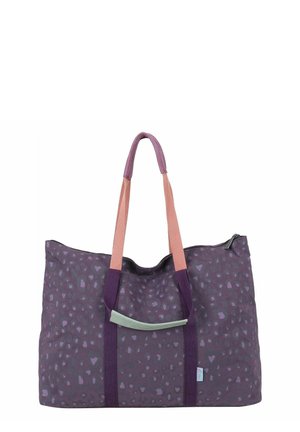 Purple tote bag with light pink and dark purple handles, featuring a subtle abstract pattern and a zipper closure at the top.