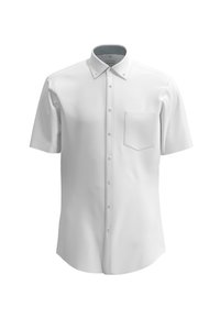 Witte kortekorte mouwen shirt met een button-down kraag, een enkele borstzak en een gladde stof. Heeft een geruit patroon aan de binnenkant van de kraag.
