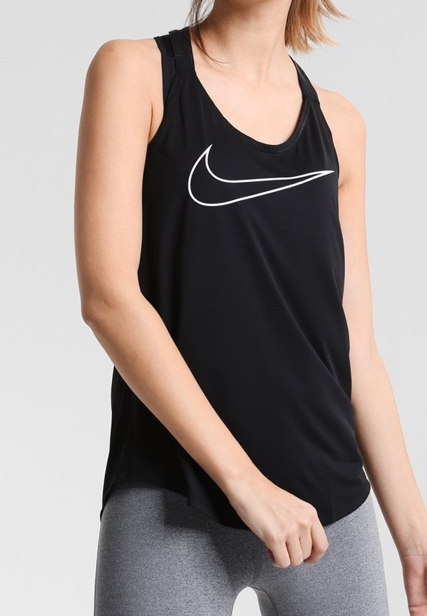 Canotta sportiva nera con logo Nike bianco sul davanti, caratterizzata da un design a schiena scoperta e tessuto morbido e leggero.