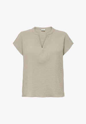 Light beige short-sleeve textured blouse with a split neckline and a round collar, displayed on a white background.